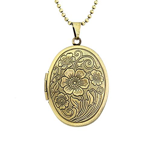 Colar com pingente relicário Médio Oval Flor Ouro Velho