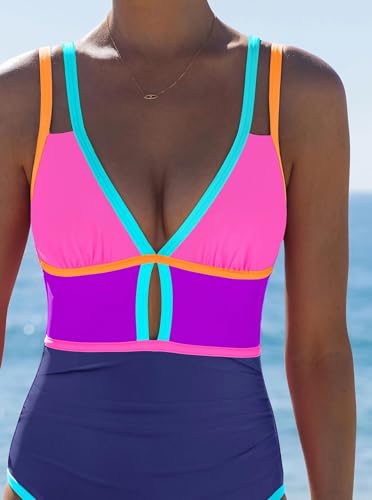 Image of popvil Women One Piece Swimsuit 2026 Tummy Control Sexy Cutout Neon Color Block Bathing Suit Slimming Adjustable Swimwear