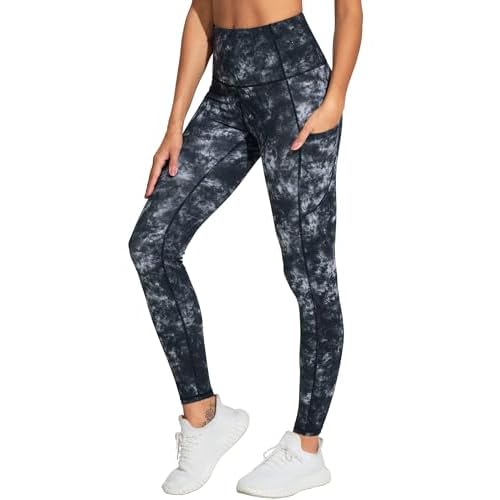 THE GYM PEOPLE Thick High Waist Yoga Pants with Pockets, Tummy Control Workout Running Yoga Leggings for Women Large Blackwhitedarkgreen