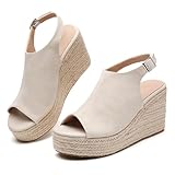 Tilocow Beige Espadrilles Wedges for Women Open Toe Ankle Strap Platform Dressy Casual Sandals Travel Slides Size 9