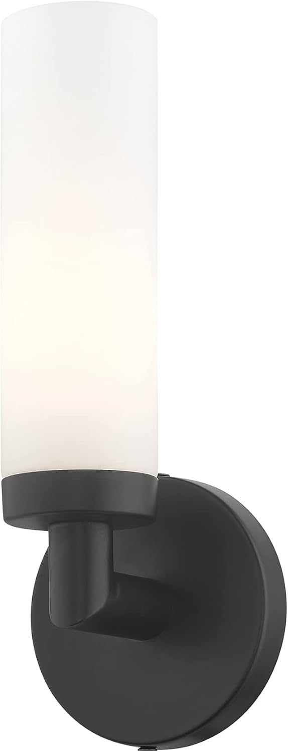 Livex Lighting 10103-04 Aero Collection ADA 1-Light Wall Sconce Light with Satin Opal White Glass Cylinder Shade, Black, 4.25 x 11