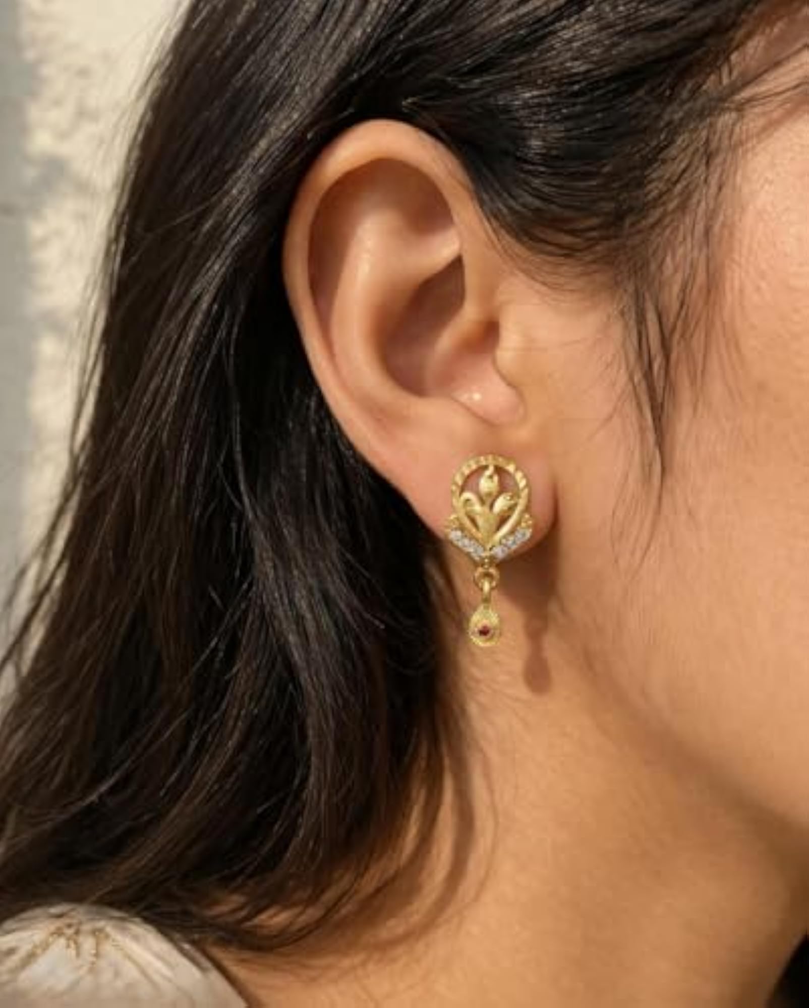 Gold-Toned Floral Drop Earrings with Crystal and Ruby Accents