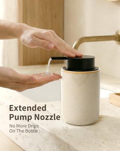 Image of BosilunLife Lotion Pump Dispenser - Hand Soap Dispenser Bathroom Ceramic Dish Liquid Soap Dispenser for Bathroom, Kitchen, Countertop Soap Dispensers (Greige with Speckle, Liquid Pump)