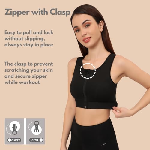 Image of GLAMORAS Women's Wirefree Full Coverage Sports Bra Medium Impact Mesh Racerback Design with Front Zip, Removable Pads Ideal for Gym, Yoga, Fitness Workouts