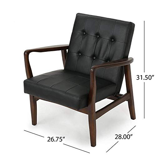 Image of APRODZ Solid Wood Accent Chair for Living Room Mid Century Modern Faux Leather Upholstered Chair with Wooden Legs Lounge Button Tufted Chair for Bedroom Office Seating (Black)