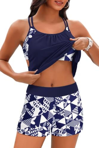 Image of Holipick Womens 2 Piece Tankini Swimsuit Blouson Tummy Control Bathing Suit | Double Up Design, Removable Pad, High Waisted Boy Shorts