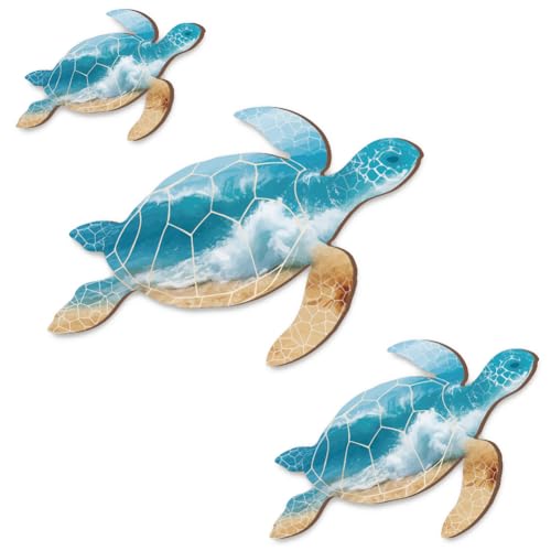 GOMAKERER 3pcs décoration Murale en Bois de Tortue de Mer Décoration Murale Tortue Thème Plage Décoration Murale Ornements Côtiers Vintage pour Chambre Salle de Bain Lac Jardin Maison