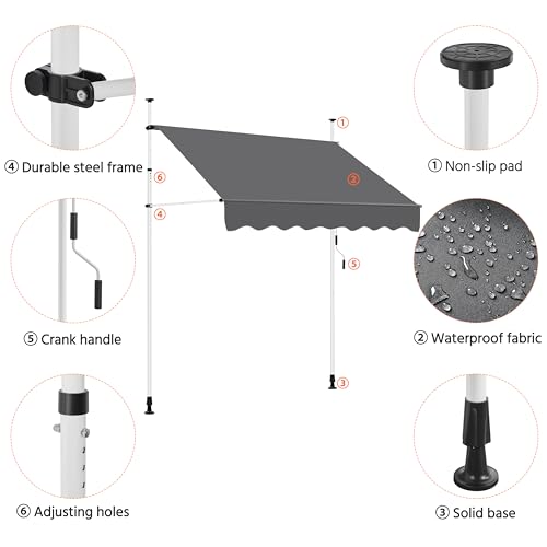 Yaheetech Manual Retractable Awning, 78\"×118\" Outdoor Sunshade Shelter Angle & Height Adjustable NO Drilling Patio Door Window Awnings, Canopy with UV Protection for Backyard, Dark Gray