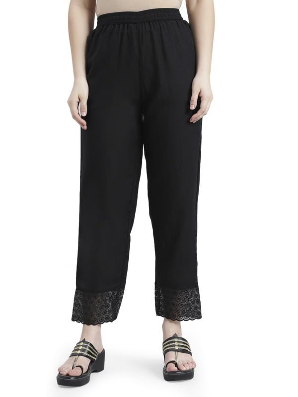 Image of GO COLORS Rayon Blend Ethnic Pant Organza for Women Full Length| Mid Rise, Lace Design