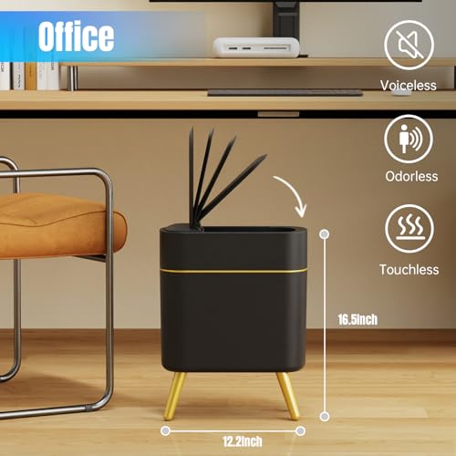 Image of Yatmung Bathroom Trash Can Automatic Touchless - Modern Smart Trash Bin | Narrow Waste Basket for Bedroom, Laundry Room, Office, Plastic - Motion Sensor Garbage Can with Lid - Black with Gold Edge