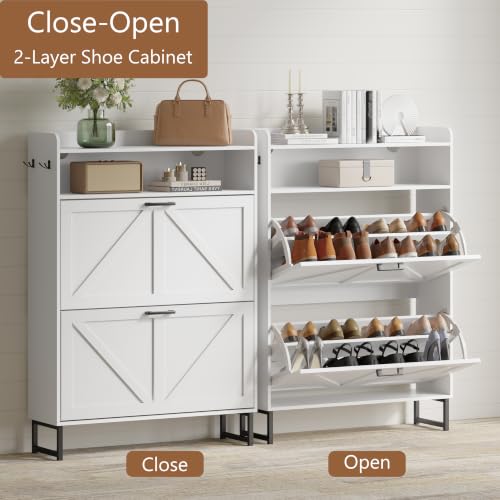 Image of Shoe Cabinet with 2 Flip Drawers, Freestanding Hidden Shoe Storage Organizer for Entryway, Narrow Slim Shoe Rack Cabinet with Open Storage & Hooks for Front Door Entrance, Living Room, Hallway, White