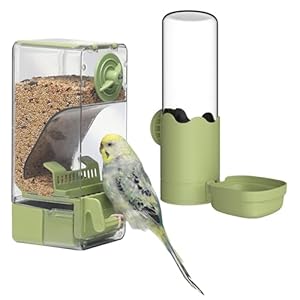 Bird Feeder Water Dispenser Set, Automatic Cage Feeder with Perch for Seed Parakeet Canary Cockatiel Finch Budgies Cage Accessories (Green)