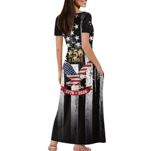 Image of Women's Fall Summer Short Sleeve Ankle Length V-Neck Party Dress with Pockets Size S-3XL