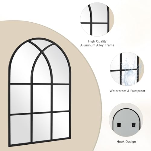 Image of Arched Window pane Wall Mirror 30 inchx40 inch, Window Shaped Farmhouse Style with Aluminum Frame, Decorative Wall Mirror Leaning Hanging for Living Room, Courtyard, Bedroom, Entryway, Black