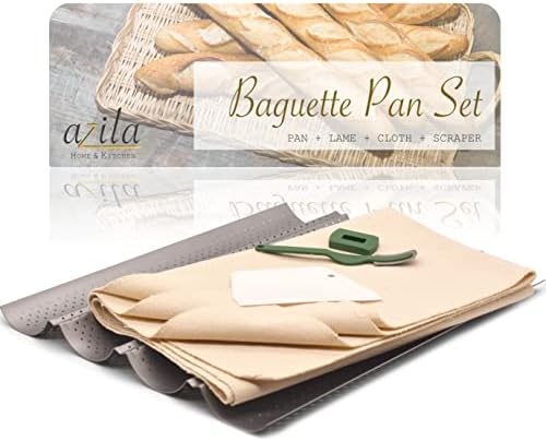 Perforated French Baguette Pan for Baking 15"x13" - 4 Wave Loaves Bread Baking Pan Set with Proofing Cloth, Bread Lame Cutter and Dough Scraper - Nonstick Baguette Bread Making Tools and Supplies