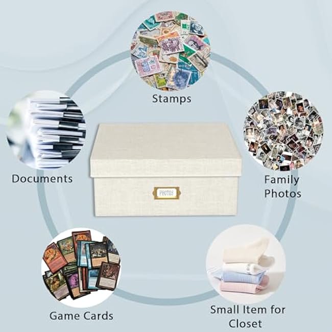 Decorative Photo Storage Box - Linen Photo Box Organizer with Dividers, Fits Holds Up to 1700 Pictures and 4x6 Photos, Memory Keepsake Organizer for Photos, Scrapbook Supplies, Cards, Stamps (Beige)