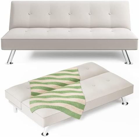 Furmax Convertible Sofa Bed Folding Futon Sofa Bed Modern Upholstered Sleeper Couch for Compact Living Room Fabric Home Recliner Sofa with Sturdy Metal Legs (Beige)