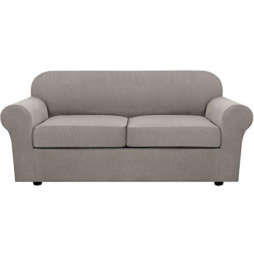 H.VERSAILTEX 3 Piece Stretch Sofa Covers for 2 Cushion Sofa Couch Covers for Living Room Sofa Slipcovers (Base Cover Plus 2 Seat Cushion Covers) Thicker Jacquard Fabric(Large Sofa, Taupe)