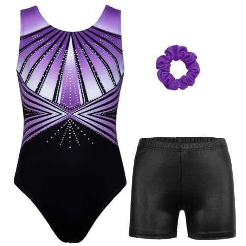 MODAFANS Gymnastics Leotards for Girls with Shorts Ballet Dance Set Activewear Lavender-Line Diamond,8-9Years