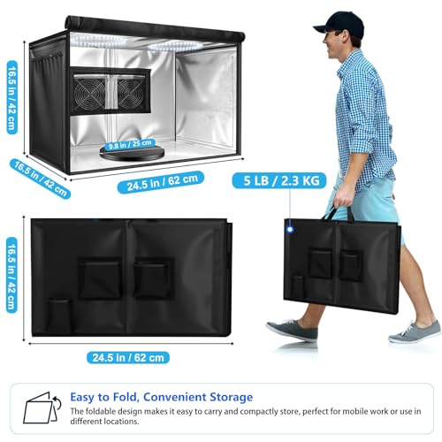 Tragbare Airbrush Lackierkabine Set – 2 Abluftlüftern | 2 LED-Lampen | Abluftschlauch | 360° Drehteller, Leicht & Faltbar, ideal für Modelle, Skulpturen, Kunsthandwerk & Heimwerker