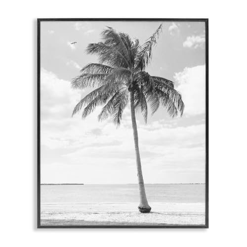'Single Palm Tree Monochrome Tropical Beach'| Framed Giclee Art