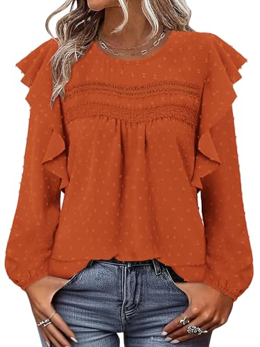 BETTE BOUTIK Womens Boho Fall Long Sleeve Shirts Crewneck Dressy Casual Blouses Trendy Flowy Tops