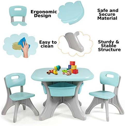 GYMAX Kids Table Chair Set, Children Table with 4 Drawers Storage and Non-slip Pads, Toddler Craft Table for Living Room, Bedroom, Kindergarten (Green)