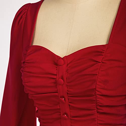 Women Red Lantern Sleeve Vintage Tops Elegant Fit Ruched Front Peplum Blouse Tops (Red,S) #TOP2