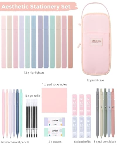 SKYDUE Cute School Supplies 38 PCS, Pencil Case with 12 Pastel Highlighters, 5 Black Gel Pens, Mechanical Pencils, College Essentials Students Stationary Set Pink