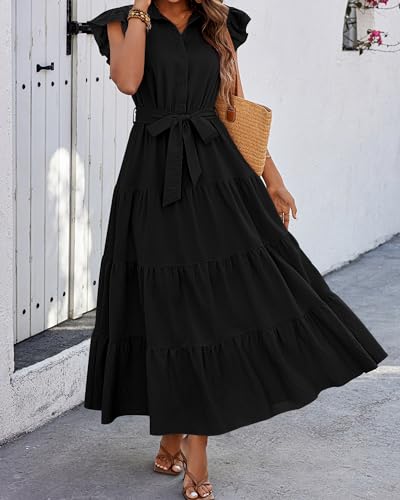 dowerme Women Summer Dress 2025 Cap Ruffle Sleeve V Neck Button Up High Waist Belted Tiered Boho Flowy Long Sun Dresses(Black,X-Large) — view 4