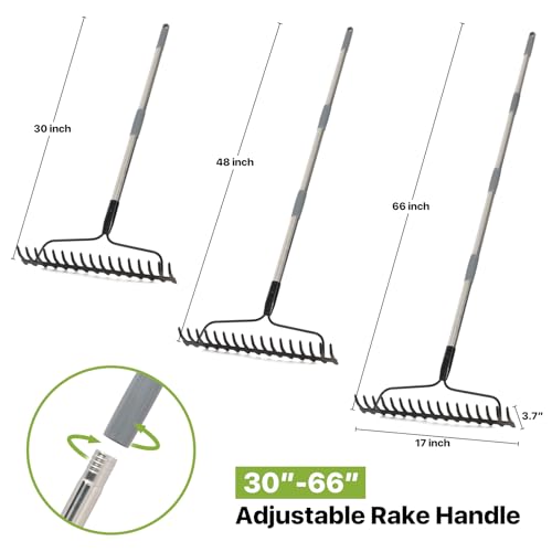 Garden Rake for Lawns, Heavy Duty Metal Gardening Rakes for Leaf, 5.5 FT Bow Rake for Thatch, Landscape, Yard Leveling, 17-Tine Rake Tool for Dethatcher, Rock, Loosening Soil