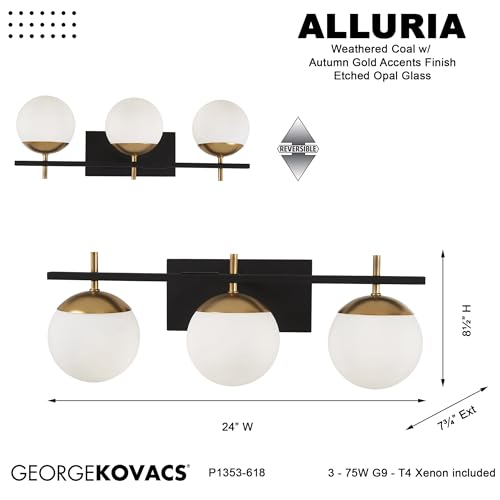 GEORGE KOVACS P1353-618 Alluria Vanity Bath Light, 3-Light, 225 Total Watts, 8.5-in H x 24-in W, Weathered Black with Autumn Gold by GEORGE KOVACS - Image 4