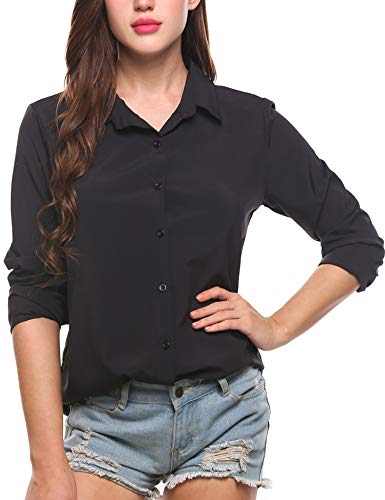 Zeagoo Office Shirts for Women Button Down Blouse Business Casual Long Sleeve Chiffon Tops T-Shirt Plus Size, Solid Black, Large
