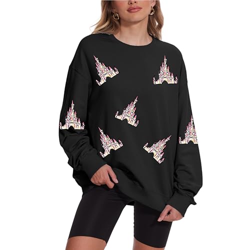KPSTRO Magic Kingdom Sweatshirts For Women Magical Castle Pullover Bows Graphic Oversized Holiday Long Sleeve Tee Shirt Tops, Black1, XL