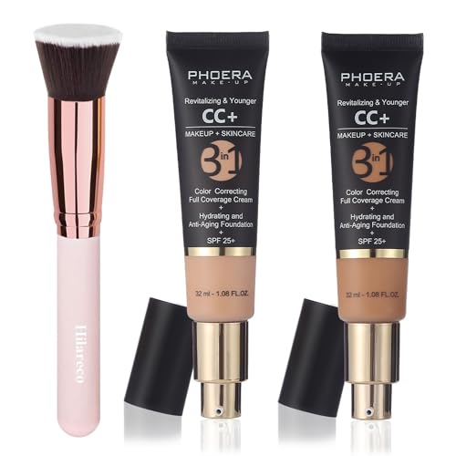 PHOERA CC Cream Foundation, PHOERA Full Coverage Foundation Farbkorrekturcreme, feuchtigkeitsspendendes Anti-Aging-Serum mit mattem, natürlichem, leichtem Finish (120+140/Nude+Buff Beige)