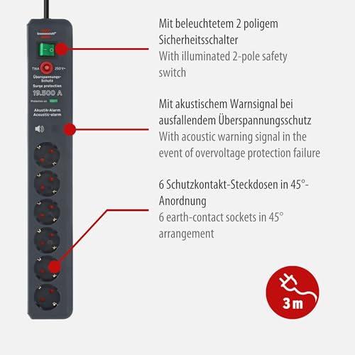 Brennenstuhl Secure-Tec Steckdosenleiste 6-fach mit &Uuml;berspannungsschutz und akustischem Warnsignal (Mehrfachsteckdose mit 3m Kabel und Schalter) anthrazit