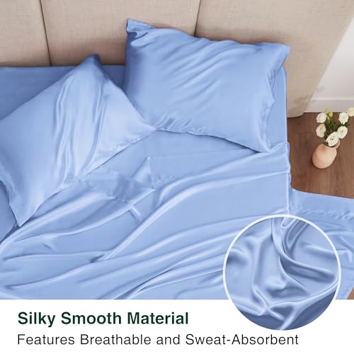 Love's cabin Satin Queen Sheets Set - 4 Piece Sky Blue Silky Bed Sheets with Deep Pocket, Luxury Silk Feel Satin Queen Size Sheet Set (1 Flat Sheet,1 Fitted Sheet,2 Pillow Cases)