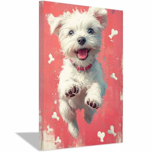 Tableau chiot blanc sautillant d'une douceur infinie pour chambre et salon