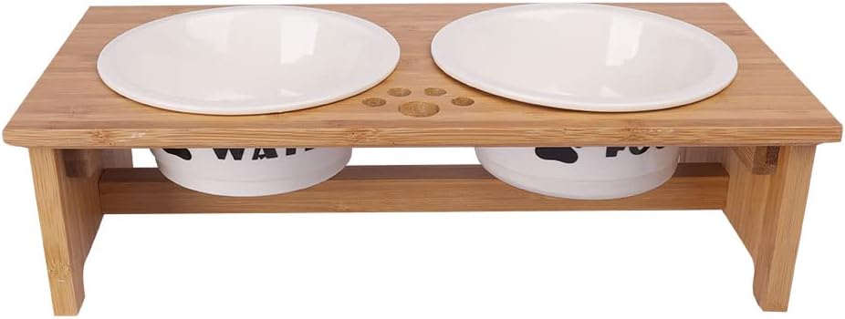 FOREYY Raised Pet Bowls for Cats and Small Dogs, Bamboo Elevated Dog Cat Food and Water Bowls Stand Feeder with Ceramic Bowls and Anti Slip Feet(Small)