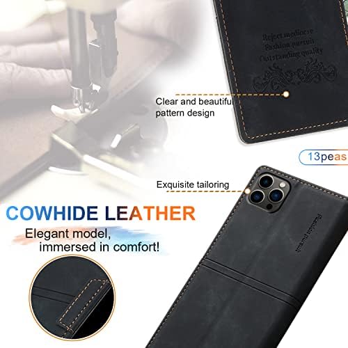 13peas Case for iPhone 14 Pro2022 Released, Cowhide Leather Wallet case with 1 Tempered Glass Screen ProtectorCard Holder Slots as Kickstand Protective Business flip Cover (Black)