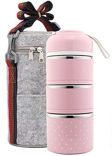 SANNIX Portable Cute Stainless Steel Insulation Lunch Bento Box Food Carrier Container with Lunch Bag (Pink,3 Layer)