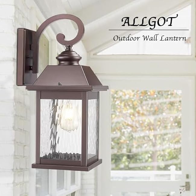ALLGOT Outdoor Wall Light, 18.25 Inch Height Exterior Light Fixtures, Porch Lights, Anti-Rust Outdoor Wall Lantern Sconce, E26 Socket Patio Mount Light with Water Rippled Glass (Oil Rubbed Bronze)