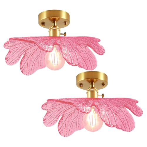 Qufute Pink Close to Ceiling Light Fixtures Modern Gold Ceiling Lamp with 12.99" Flowers Glass Shade Vintage Brass Finish Mid Century Flush Mount Light for Entryway Shower Closet Hallway
