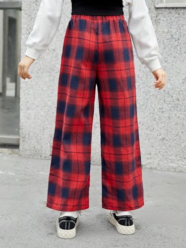 Girl's Plaid Wide Leg Pants Elastic High Waisted Trousers Trendy Sweatpants with Slant Pockets Red 10 Years2