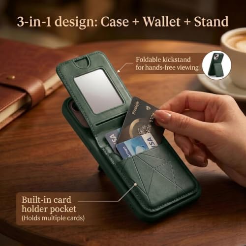 Image of amazon basics Premium Vegan Leather Back Cover with Card Holder and Integrated Mobile Stand for iPhone 13 Pro Max - Slim Shockproof Wallet Case with Geometric Stitching [Green]