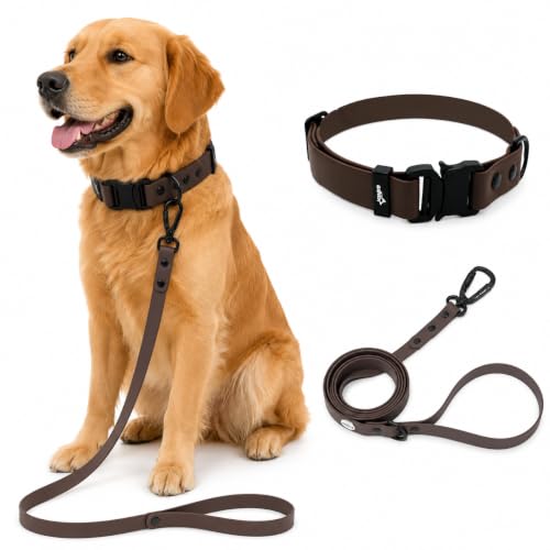Image of Adil'S Waterproof Leash and Collar Combo Set - Adjustable & Breathable Biothane Collar with Leash Suitable for Medium & Large Size Dogs (Lease 5Ft), Brown, L