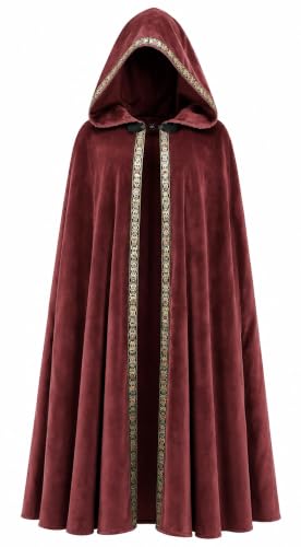 UQJE Wizard Cloak with Hood, Gold Trim Velvet Renaissance Cape, Burgundy