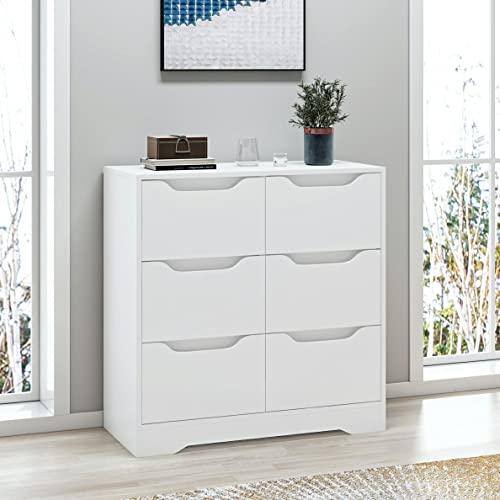 Hostack Modern 6 Drawer Dresser, Double Chest Of Drawers With Storage, 3+3 Wood Clothing Organizer With Cut-Out Handles, Accent Storage Cabinet For Living Room, Bedroom, White #TOP1
