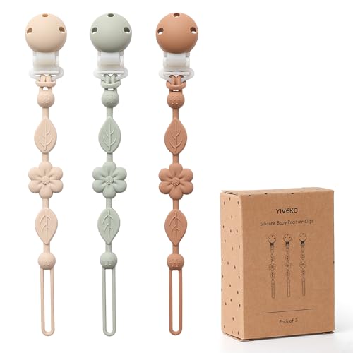 Image of Pacifier Clips for Baby Silicone Pacifier Holder Clips for Boys Girls One Piece Baby Binky Clips YIVEKO Pacifier Clips Flower 3Pcs-Ivory+Sage+Brown