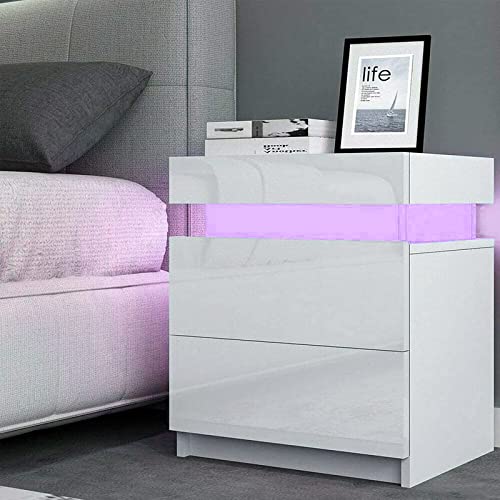 Table de chevet LED et commode blanche laquée à deux tiroirs